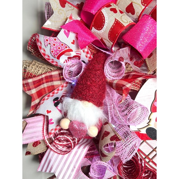 Handmade Valentine’s Home Sweet Gnome Ribbon Prelit Wreath 22 ins LED W19 - Picture 6 of 12